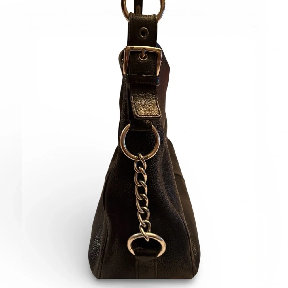 Sergio Rossi Large Black Pebbled Leather Hobo Handbag With Wooden Handle